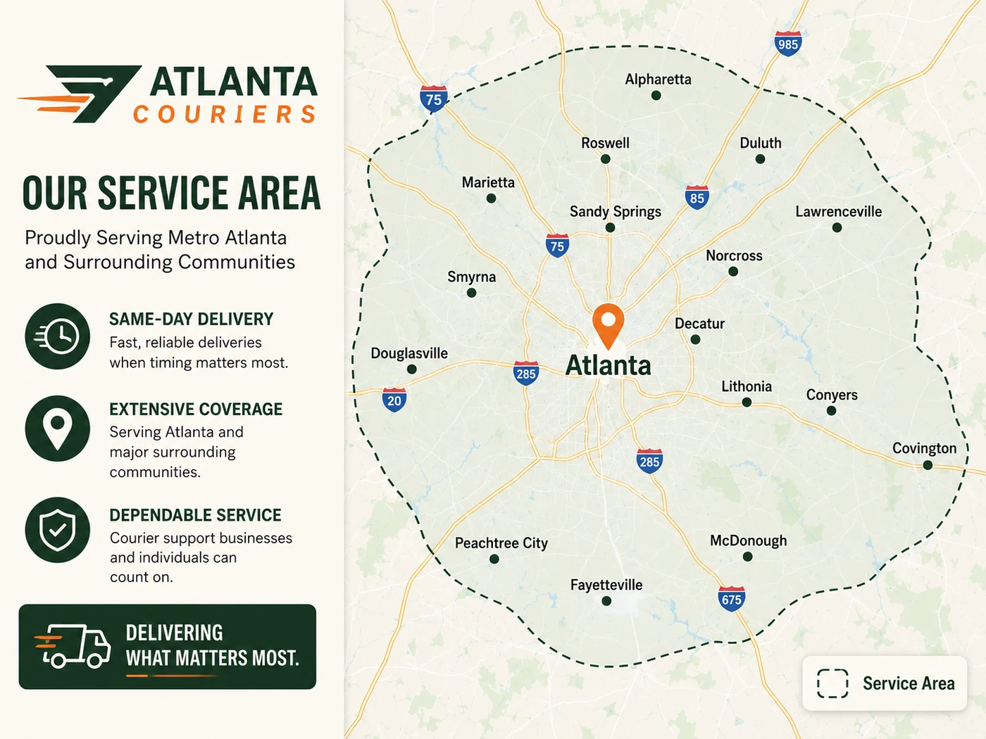 Atlanta Couriers service area map for Metro Atlanta and surrounding communities